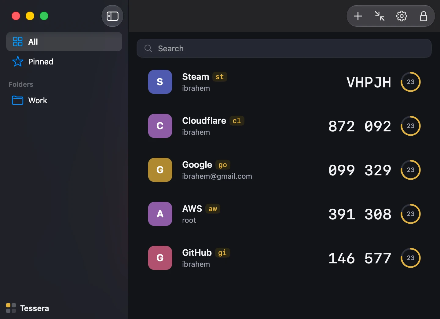 Tessera's main window: a sidebar with All, Pinned and a Work folder, and five accounts with live codes and countdown rings