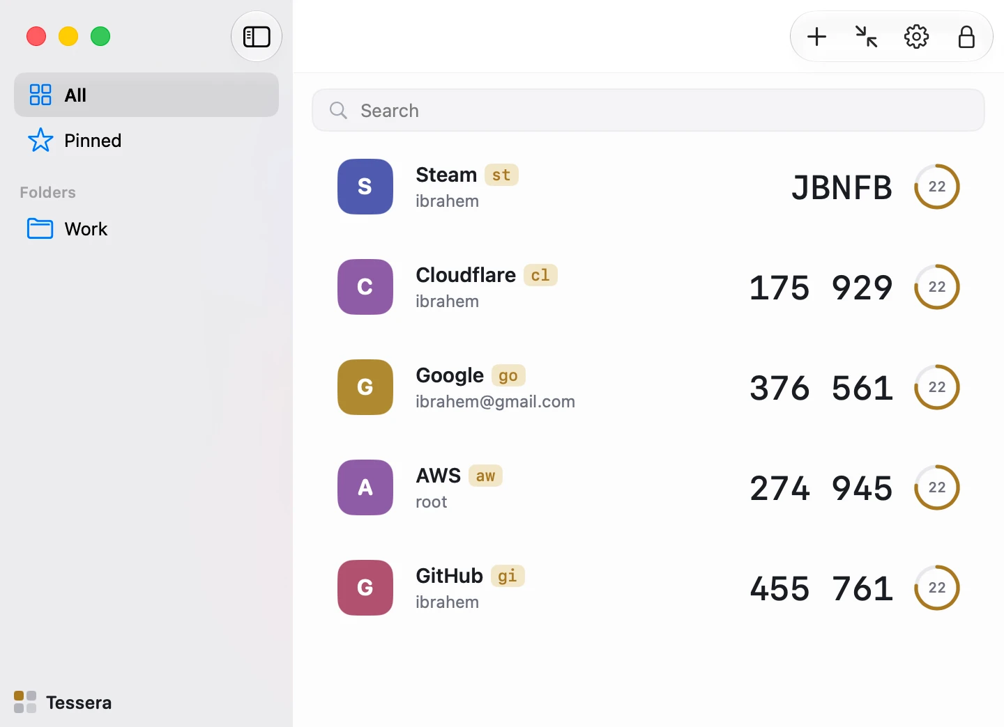 Tessera's main window: a sidebar with All, Pinned and a Work folder, and five accounts with live codes and countdown rings