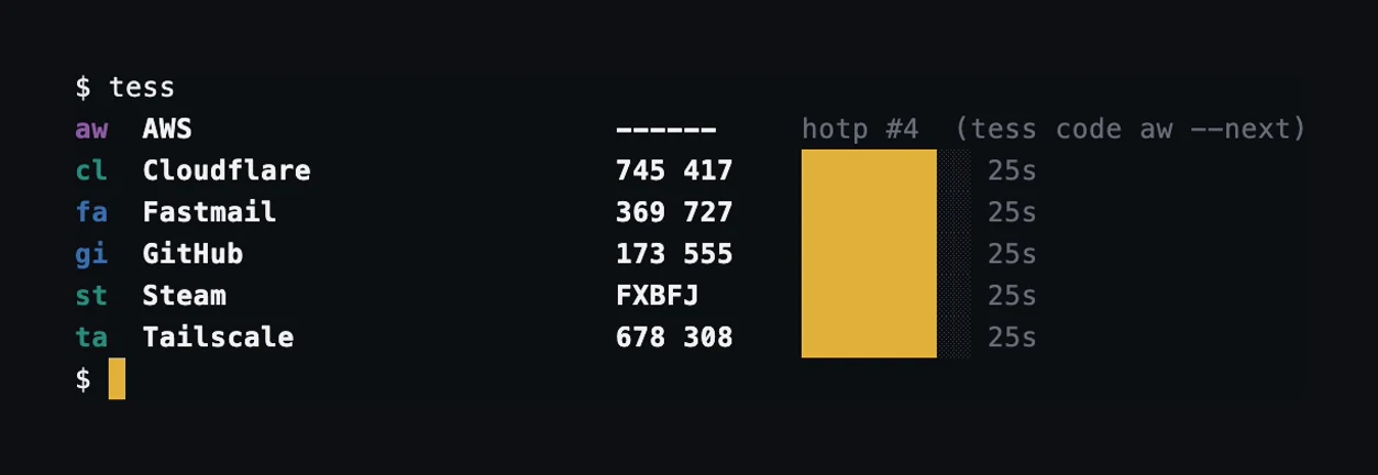 tess printing four accounts: a handle, the issuer, the current six-digit code, a countdown bar and the seconds left