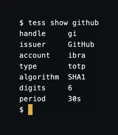 tess show github printing one account's record: handle, issuer, account, type, algorithm, digits and period