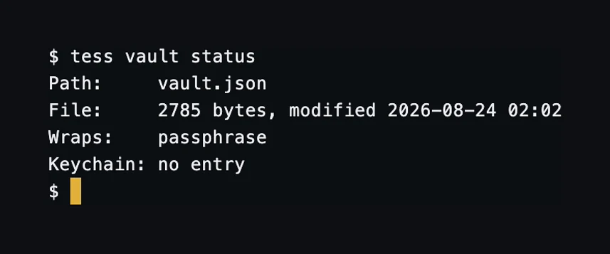 tess vault status printing the vault path, file size, the wrap methods in the header, and the keychain state